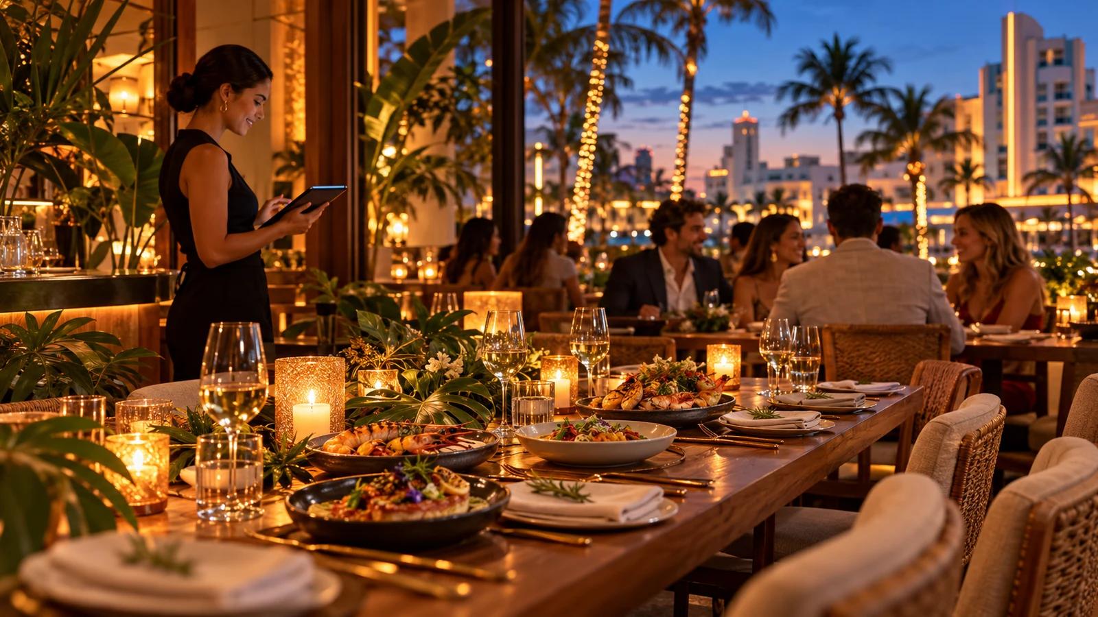 Mesa para una cena de fiestas en un restaurante imaginario de Miami; imagen conceptual generada con IA.