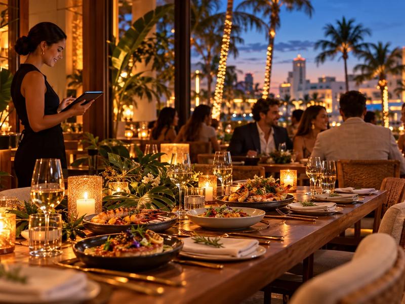 Mesa para una cena de fiestas en un restaurante imaginario de Miami; imagen conceptual generada con IA.
