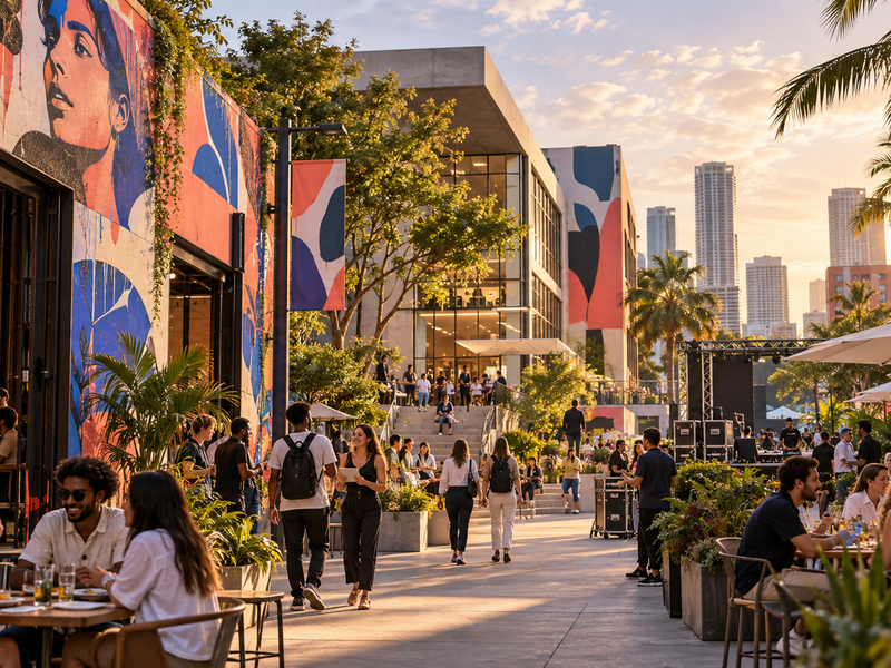 An editorial interpretation of a future university district in Wynwood, with students, restaurants and an event space