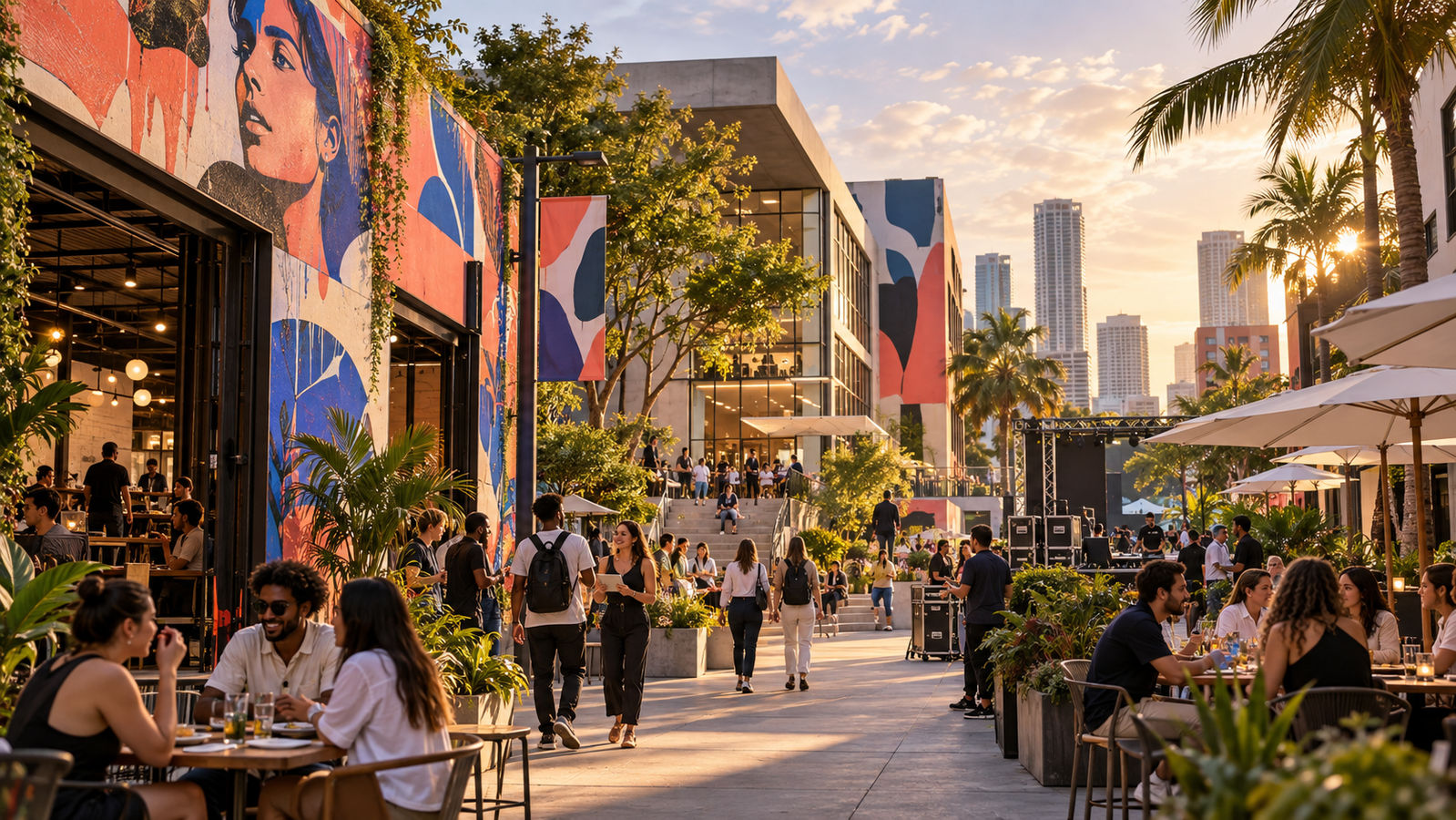 An editorial interpretation of a future university district in Wynwood, with students, restaurants and an event space