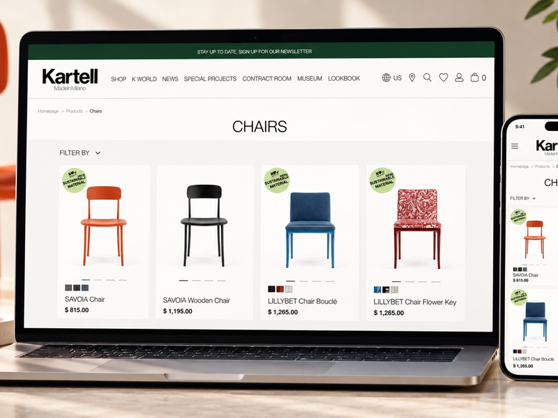 Kartell e-commerce catalog displayed on desktop and mobile screens