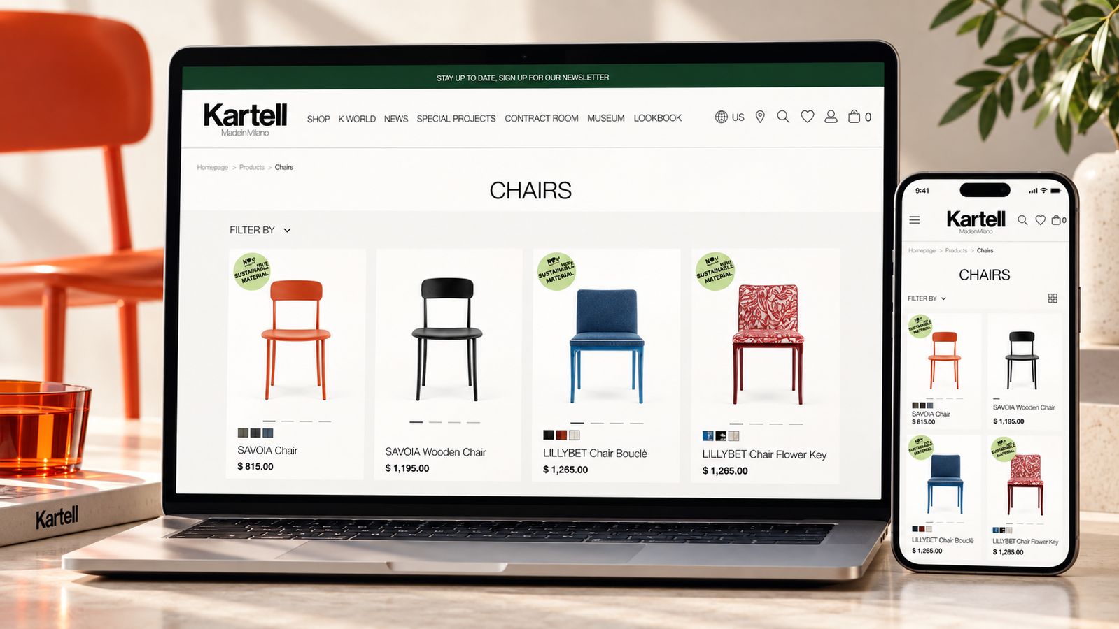 Catálogo de e-commerce de Kartell presentado en pantallas desktop y mobile