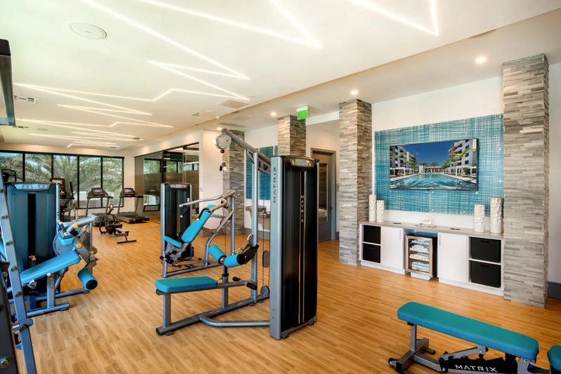 Amenity fitness center interior with cardio and strength equipment on wood-look plank flooring, stone-clad accent columns, a wall-mounted display, and a glass wall opening onto landscaping.