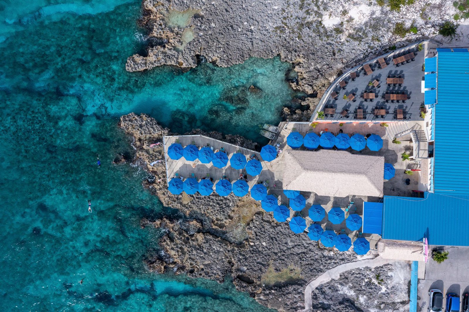 Straight down aerial view of an oceanfront resort beach club, with rows of blue umbrellas on a concrete sun deck along rocky ironshore, a thatched palapa, and snorkelers in the turquoise water.
