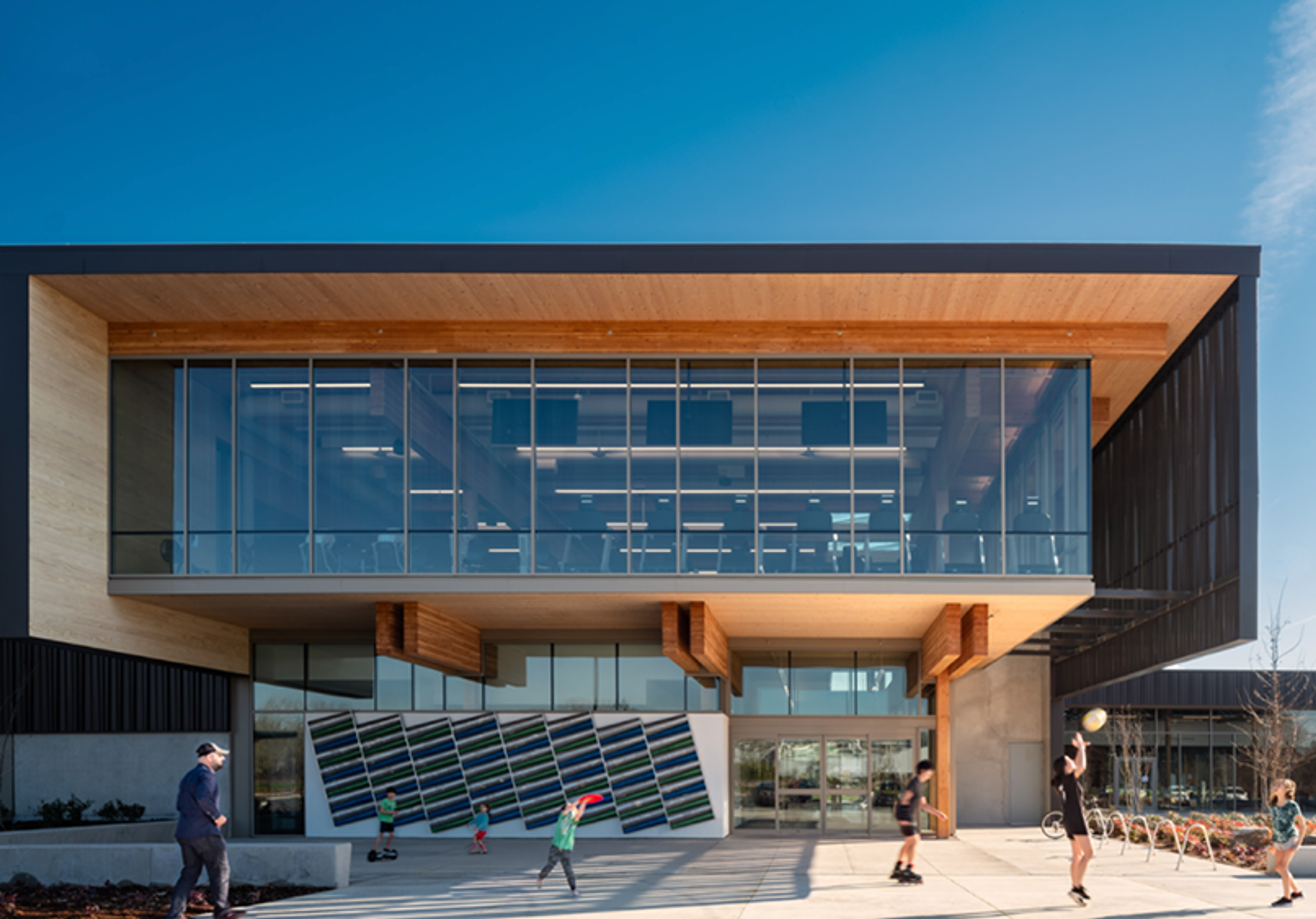Front of a modern timber building