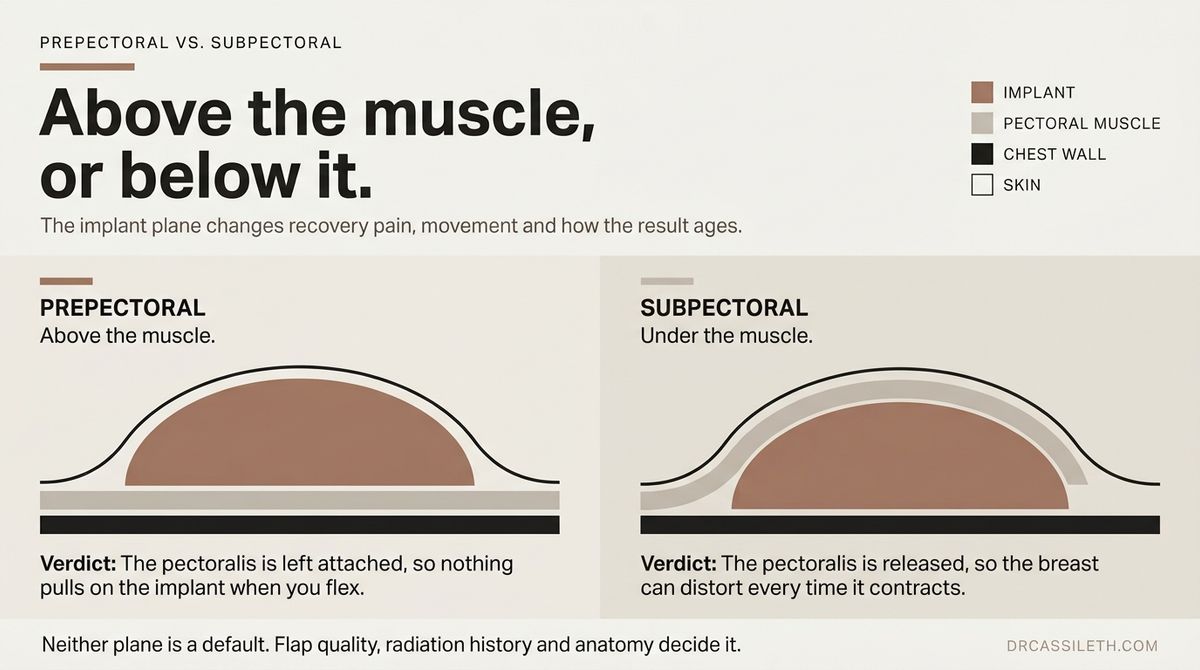 Cross-section diagram comparing prepectoral and subpectoral breast reconstruction, with the implant above the pectoral muscle versus beneath it.