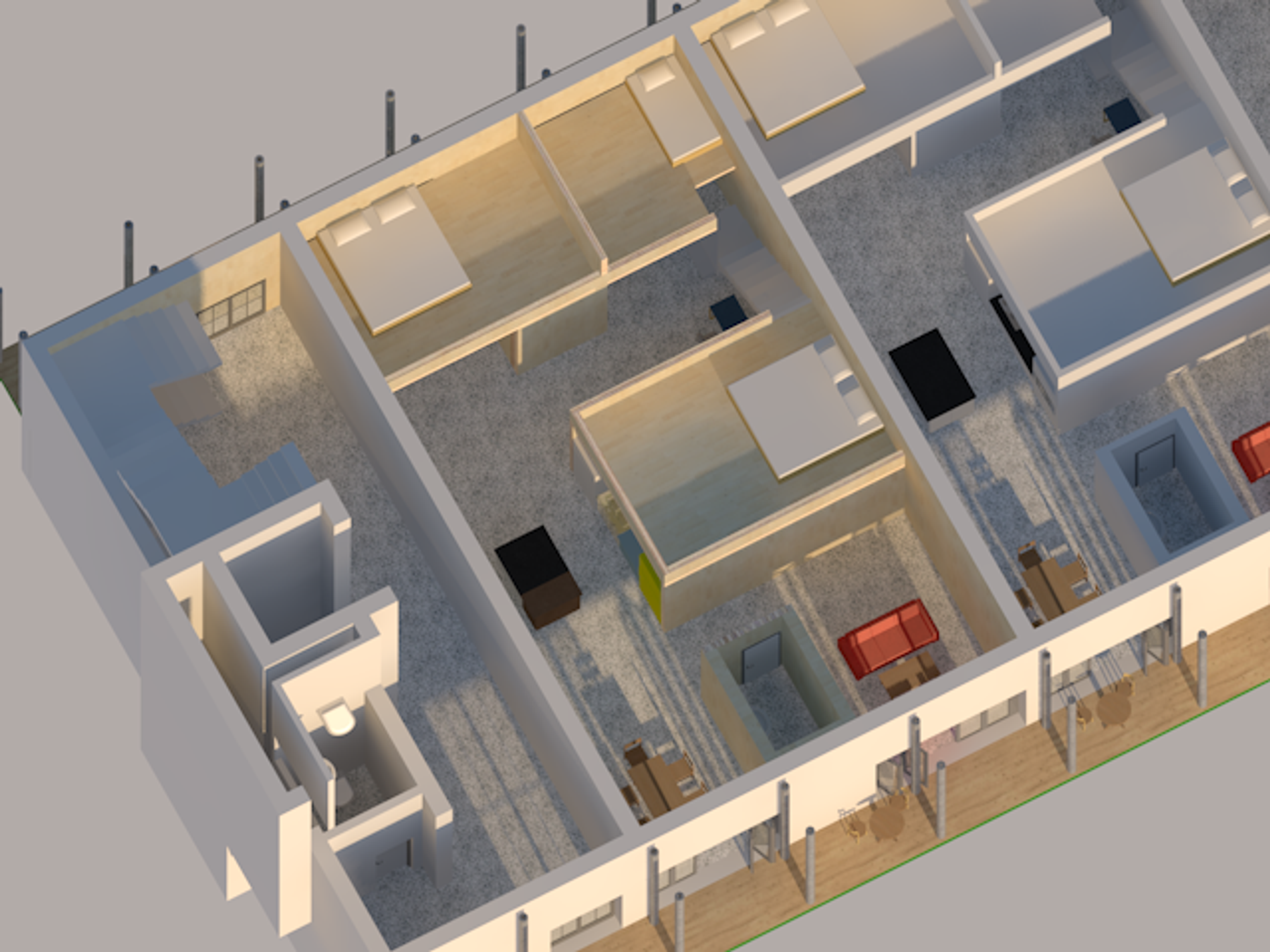 A computer-rendered axonometric drawing of the interior