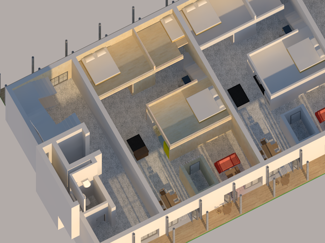 A computer-rendered axonometric drawing of the interior