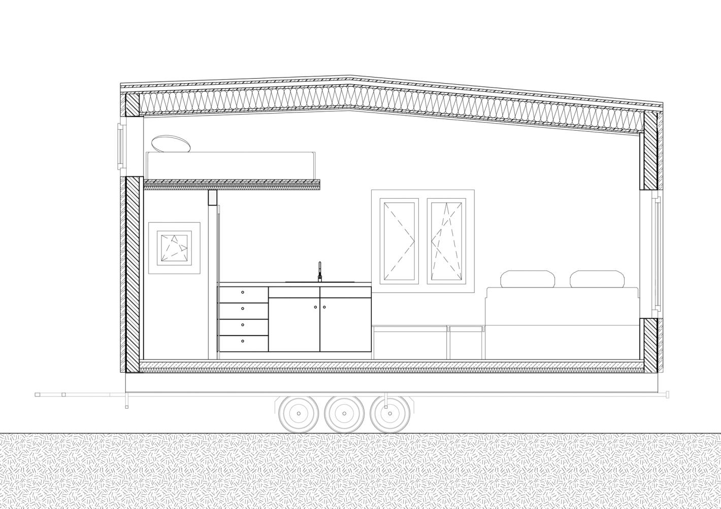 Section architectural drawing showing materiality of tiny house