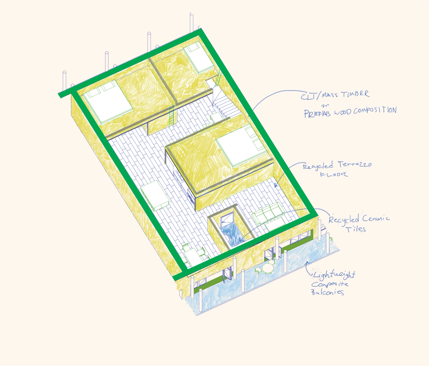 Axon sketch detailing construction