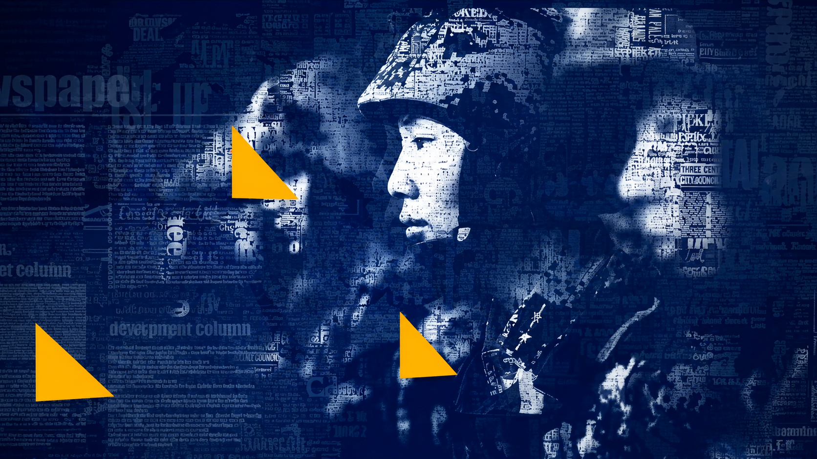 Blue-toned typographic collage depicting figures formed from layered newspaper text, with bold yellow triangular graphic elements.