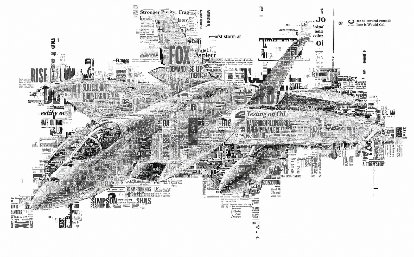 Black-and-white typographic collage of a fighter jet constructed from layered newspaper text and headlines, shown against a white background.