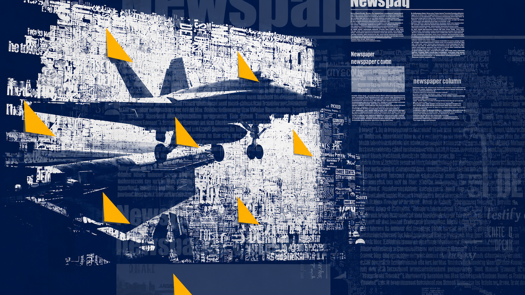 Blue-and-white editorial collage showing a commercial aircraft layered with newspaper typography and textures, punctuated by yellow folded-corner graphic elements.
