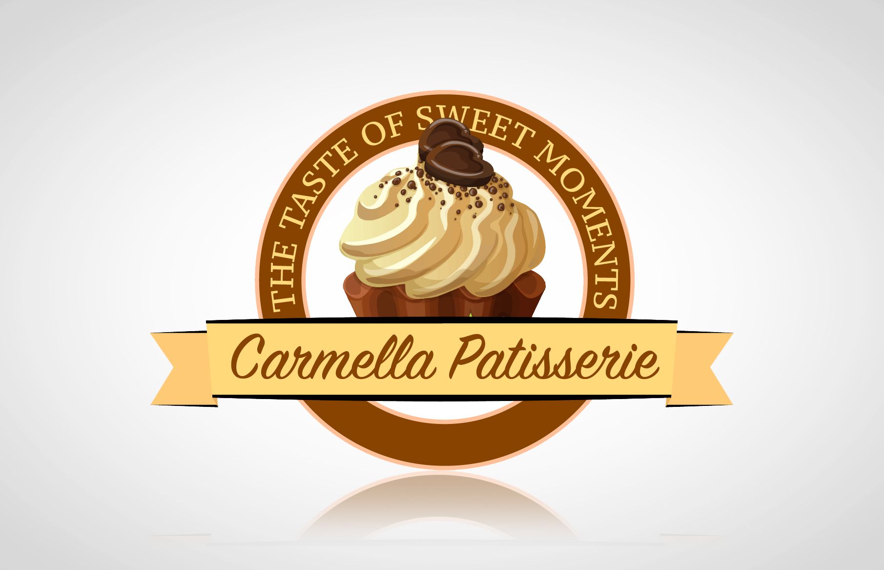 Carmella Patisserie logo featuring an illustrated cream-topped cupcake with chocolate decoration inside a circular brown emblem. A cream ribbon carries the Carmella Patisserie name in script lettering, with “The Taste of Sweet Moments” around the upper circle.