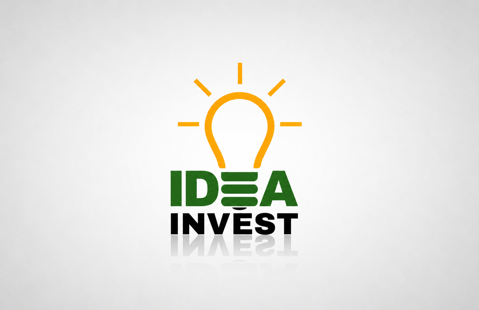 IDEA Invest logo featuring an orange lightbulb above and integrated into the word “IDEA.” The IDEA lettering appears in dark green, with the bulb base incorporated into the central letterform, while “INVEST” is set below in bold black uppercase typography.