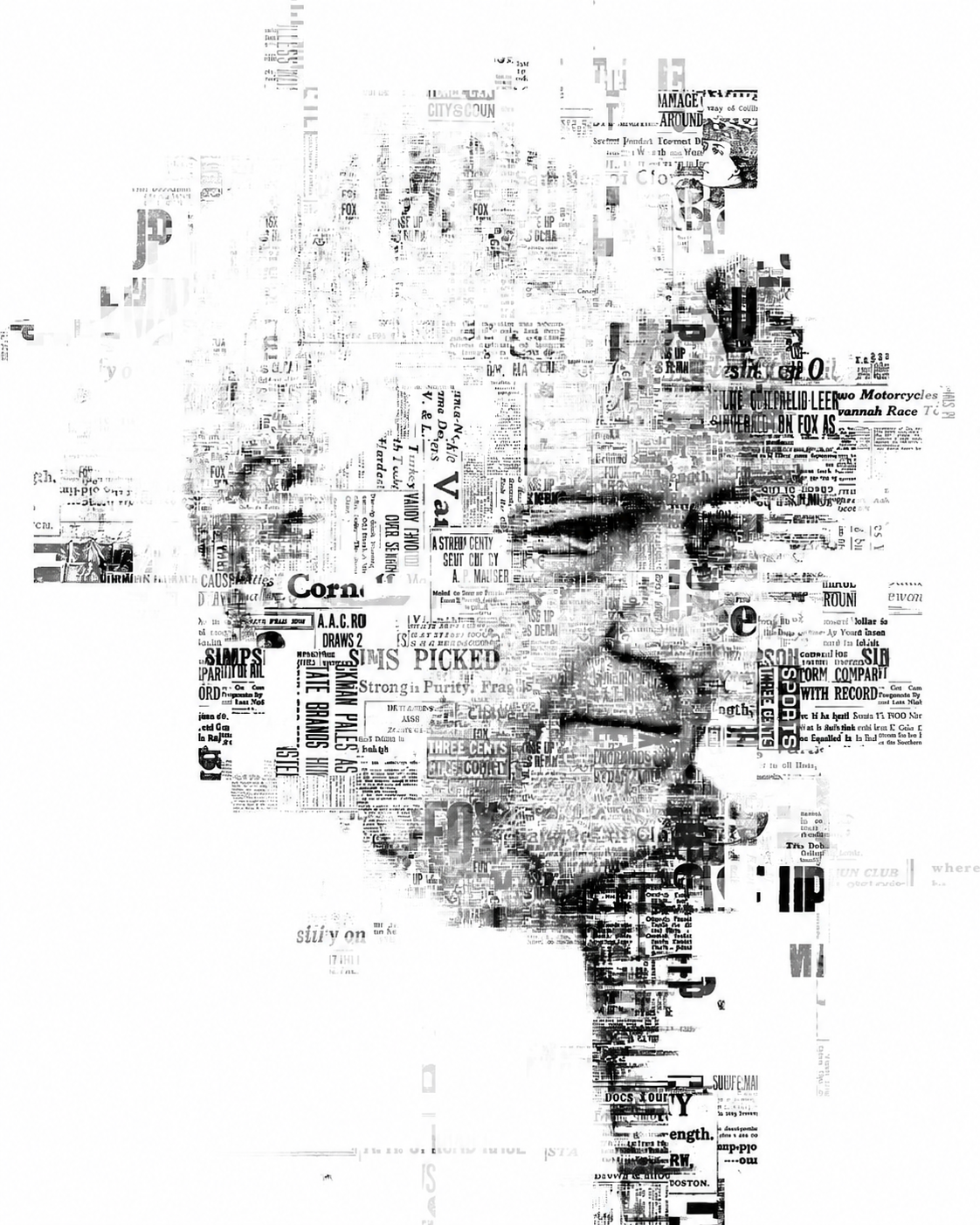 Black-and-white typographic portrait of a man, constructed from layered newspaper text and clippings on a white background.