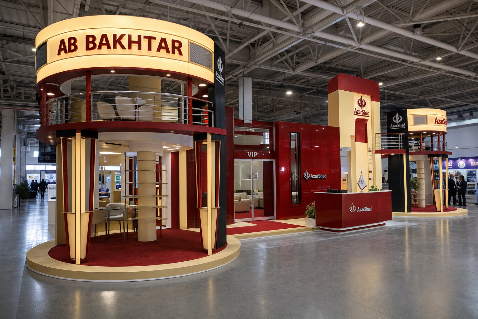 Angled view of the AB Bakhtar exhibition stand showing the circular meeting tower, VIP entrance and illuminated red and gold structure.