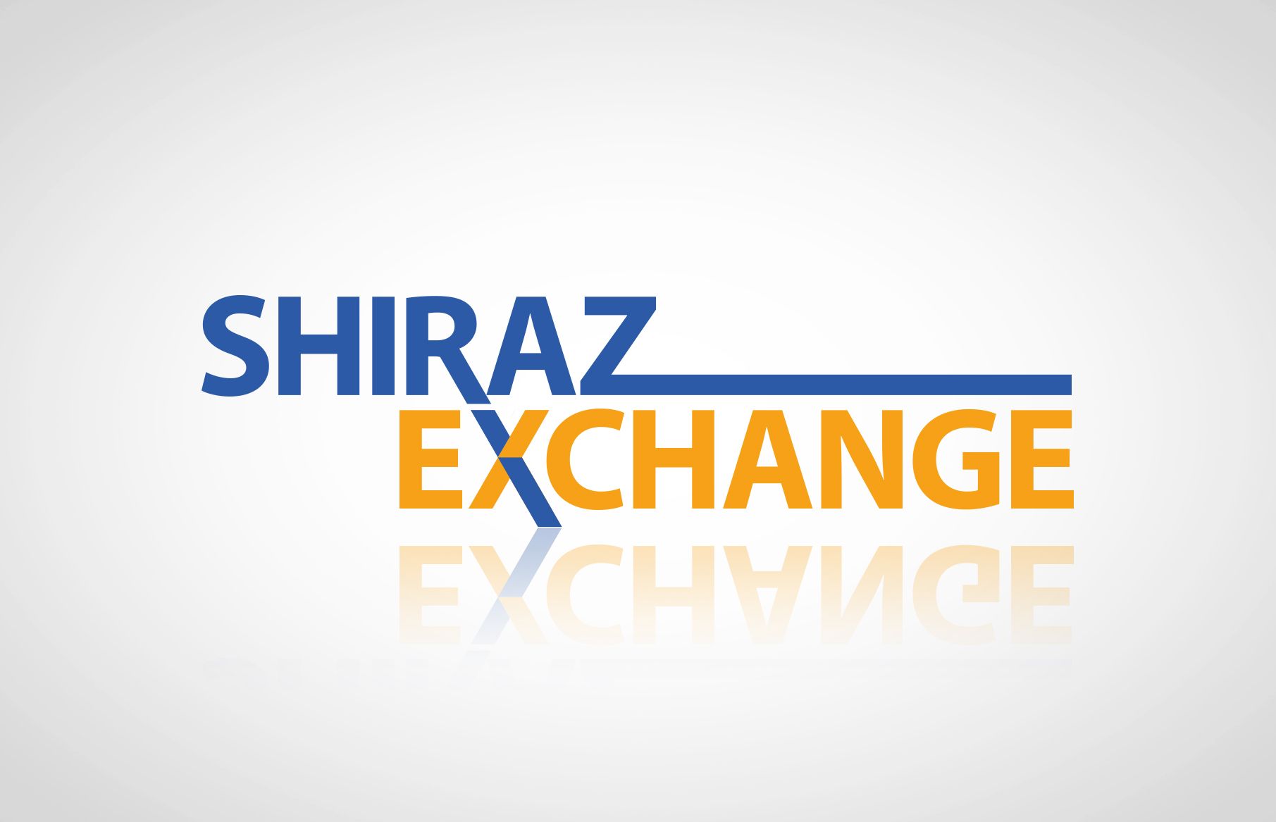 Shiraz Exchange logo featuring bold uppercase typography in blue and orange. “Shiraz” sits above “Exchange,” with intersecting diagonal letterforms connecting the two words and a long blue horizontal line extending to the right, presented on a white background.