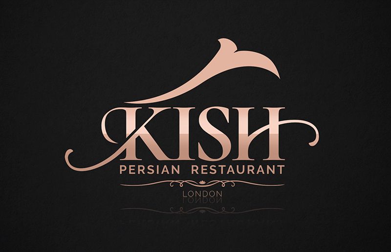 Kish Persian Restaurant logo featuring an elegant pale rose-gold wordmark on a textured black background. A flowing abstract symbol sits above the large serif “KISH” lettering, with “Persian Restaurant” and “London” below.