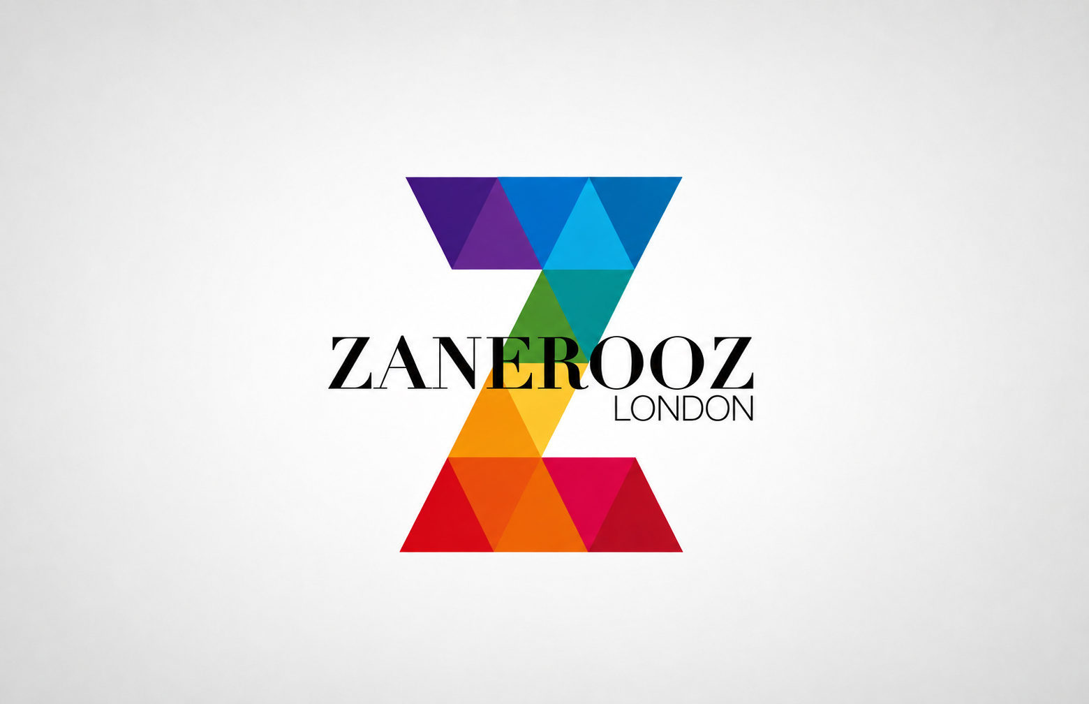 Colourful geometric logo for Zan-e Rooz London, a Persian lifestyle magazine in the UK, featuring a large abstract letterform constructed from overlapping triangular shapes.