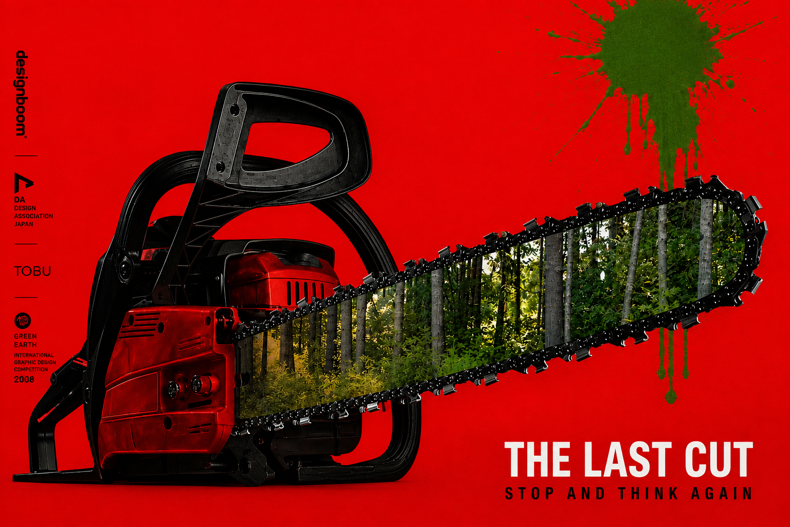 Environmental poster featuring a chainsaw against a vivid red background, with a living forest appearing inside the cutting blade. Green paint-like splashes reinforce the visual metaphor of deforestation and the irreversible destruction of natural environments.