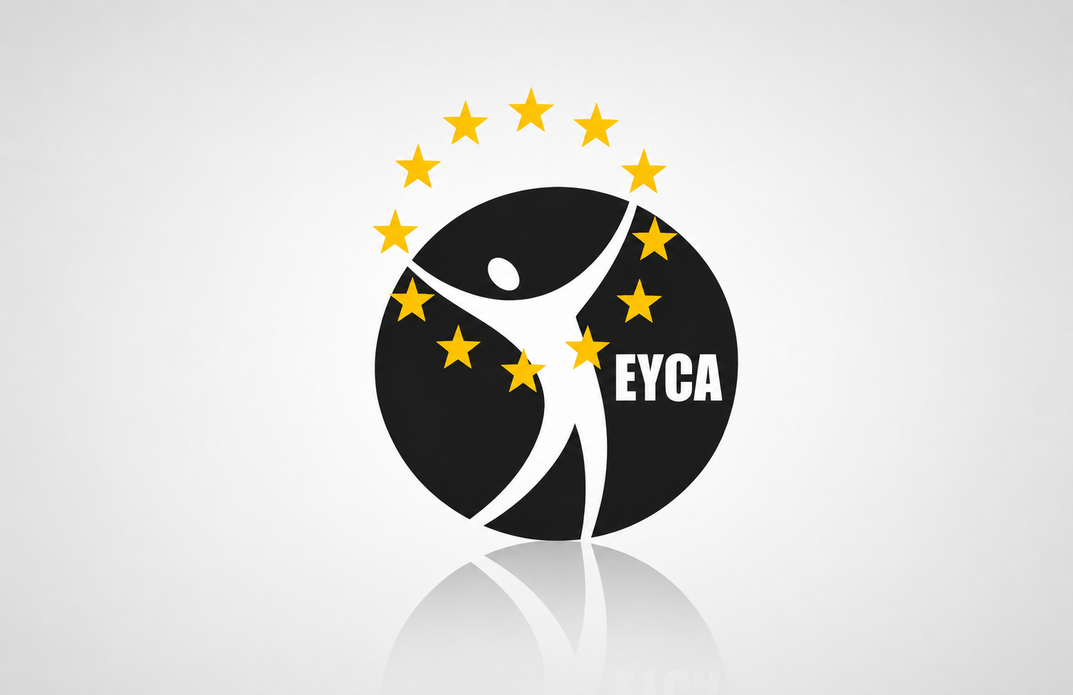EYCA logo featuring a stylised white human figure within a black circle, surrounded by yellow stars, with the EYCA initials in white.