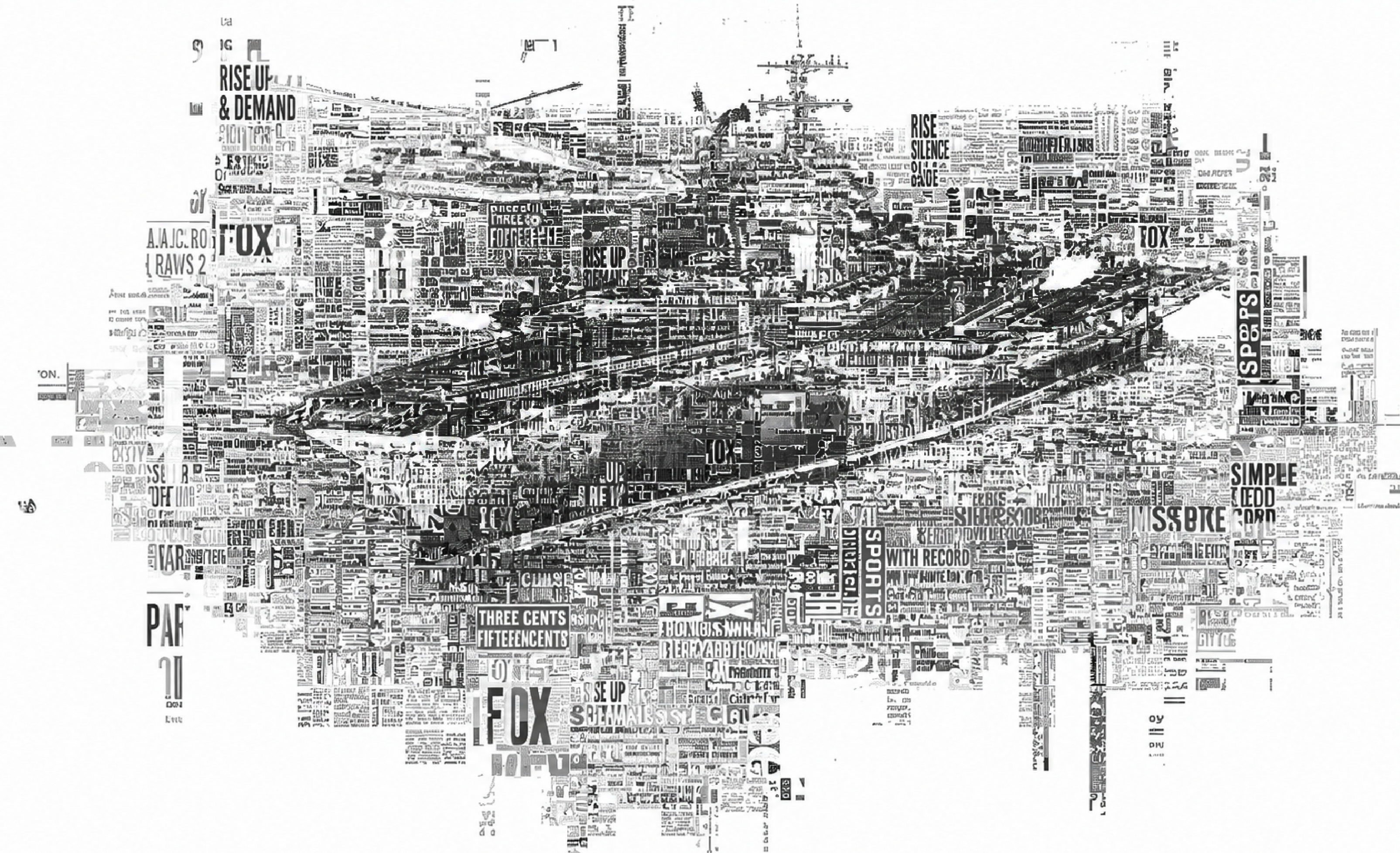 High-contrast typographic collage forming an aircraft carrier in three-quarter view, constructed from layered newspaper text and headlines in black and grey on a white background.