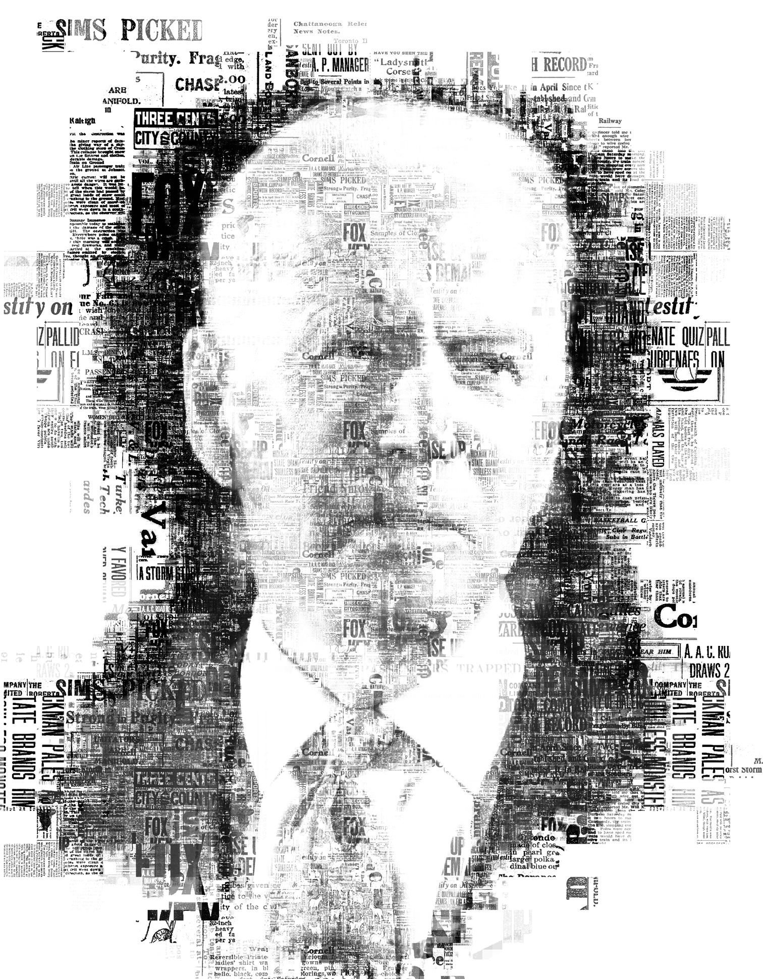 Black-and-white typographic portrait of a man, constructed from layered newspaper text and clippings on a white background.