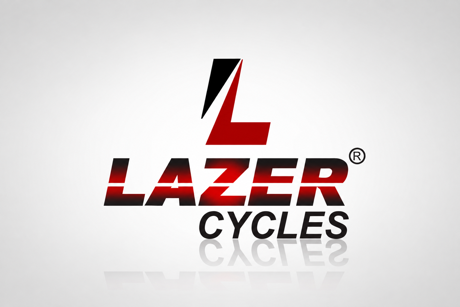 Lazer Cycles logo featuring a sharp geometric “L” symbol in red and black above a bold italicised LAZER wordmark with a red-to-black treatment. “Cycles” appears below in black uppercase lettering on a white background.
