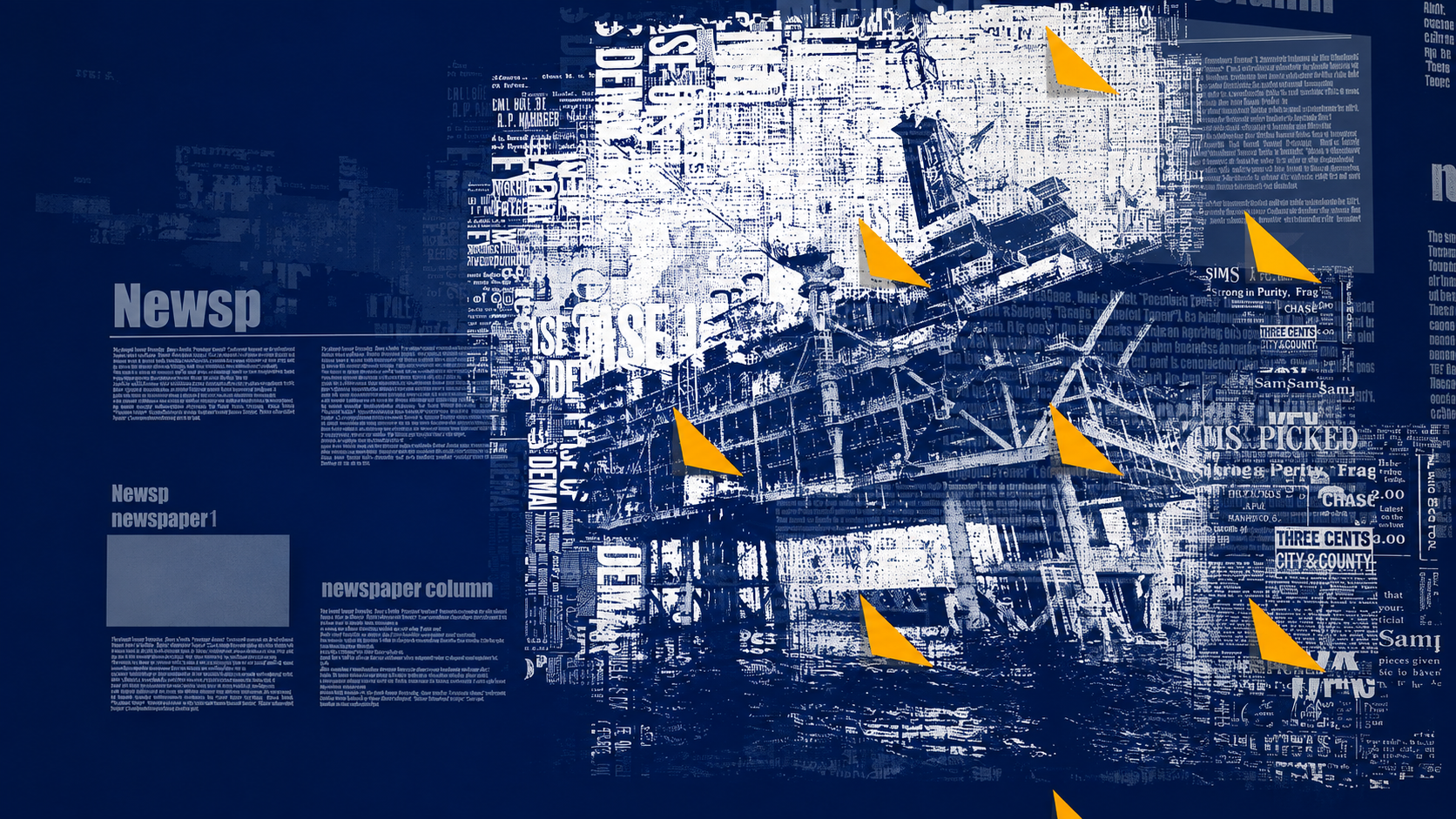 Oil Base shown in a blue and white newspaper collage, with layered typography and yellow folded-corner graphic elements.