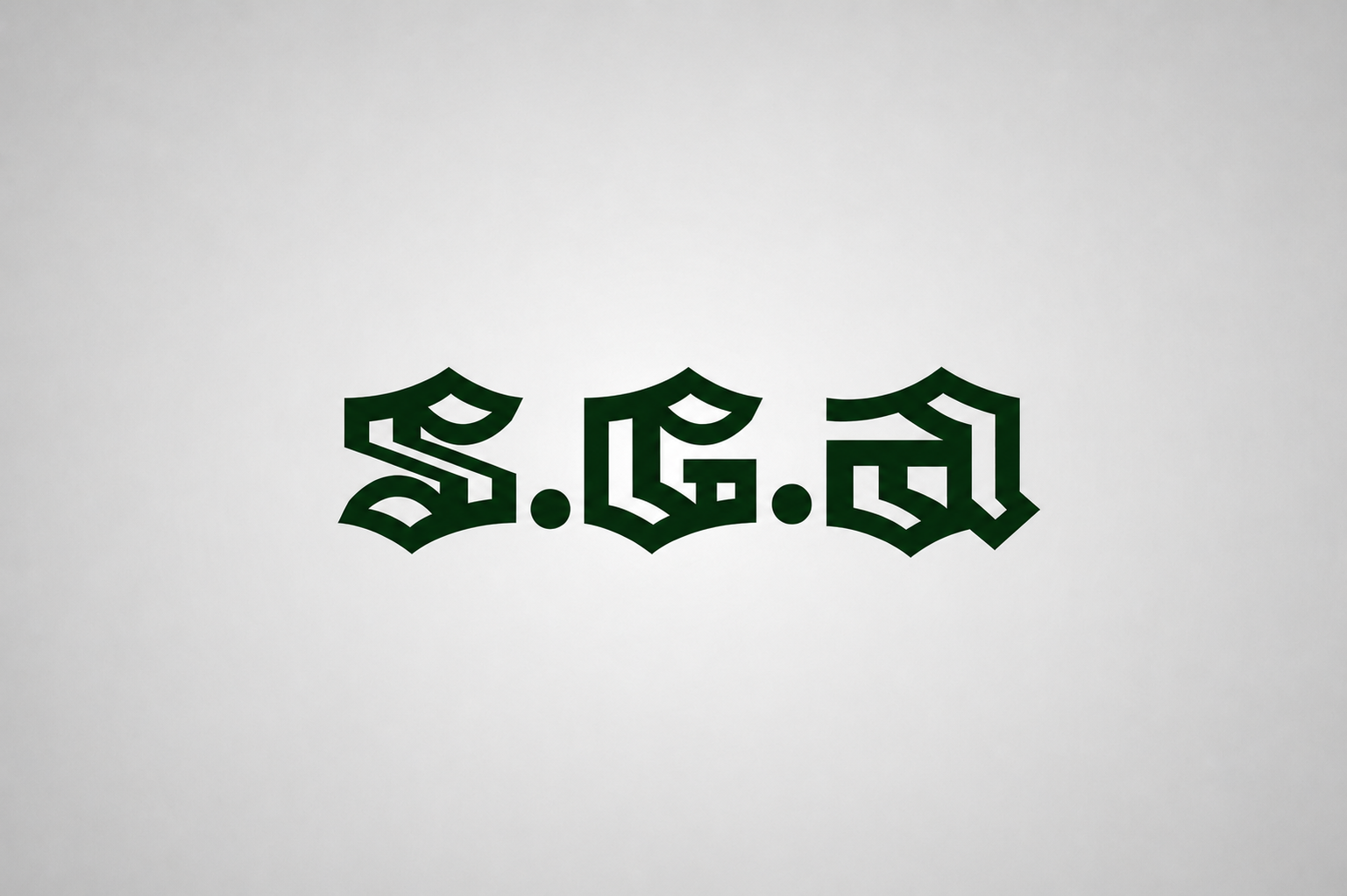 Black custom S.G.A. monogram for Sabz Gostar Asia, composed of three bold geometric letterforms separated by circular dots.