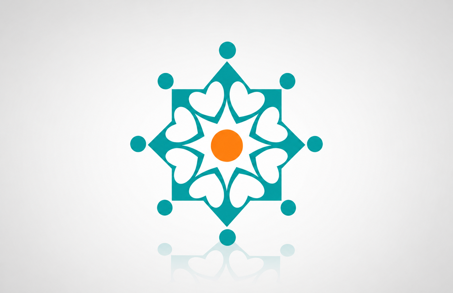 Ghoddusi Orphanage Centre logo featuring a symmetrical turquoise geometric motif with eight white heart-shaped forms arranged around a central orange circle, surrounded by small turquoise circles on a white background.