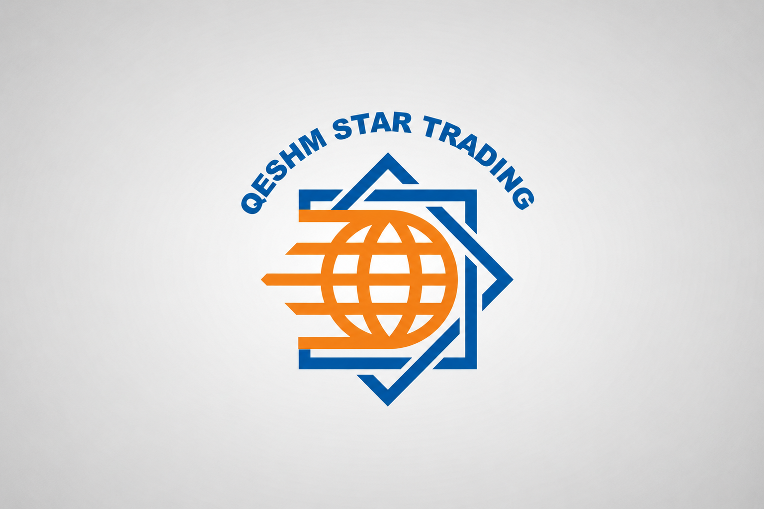 Blue and orange Qeshm Star Trading logo featuring a stylised globe with horizontal directional lines, enclosed by an angular geometric frame.