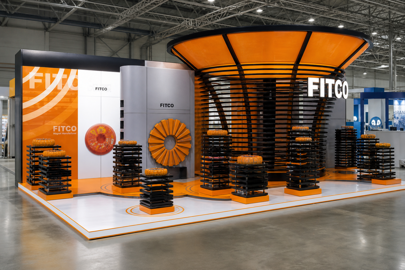Angled view of the FITCO exhibition stand showing the orange circular canopy, black display structure and arranged industrial products.