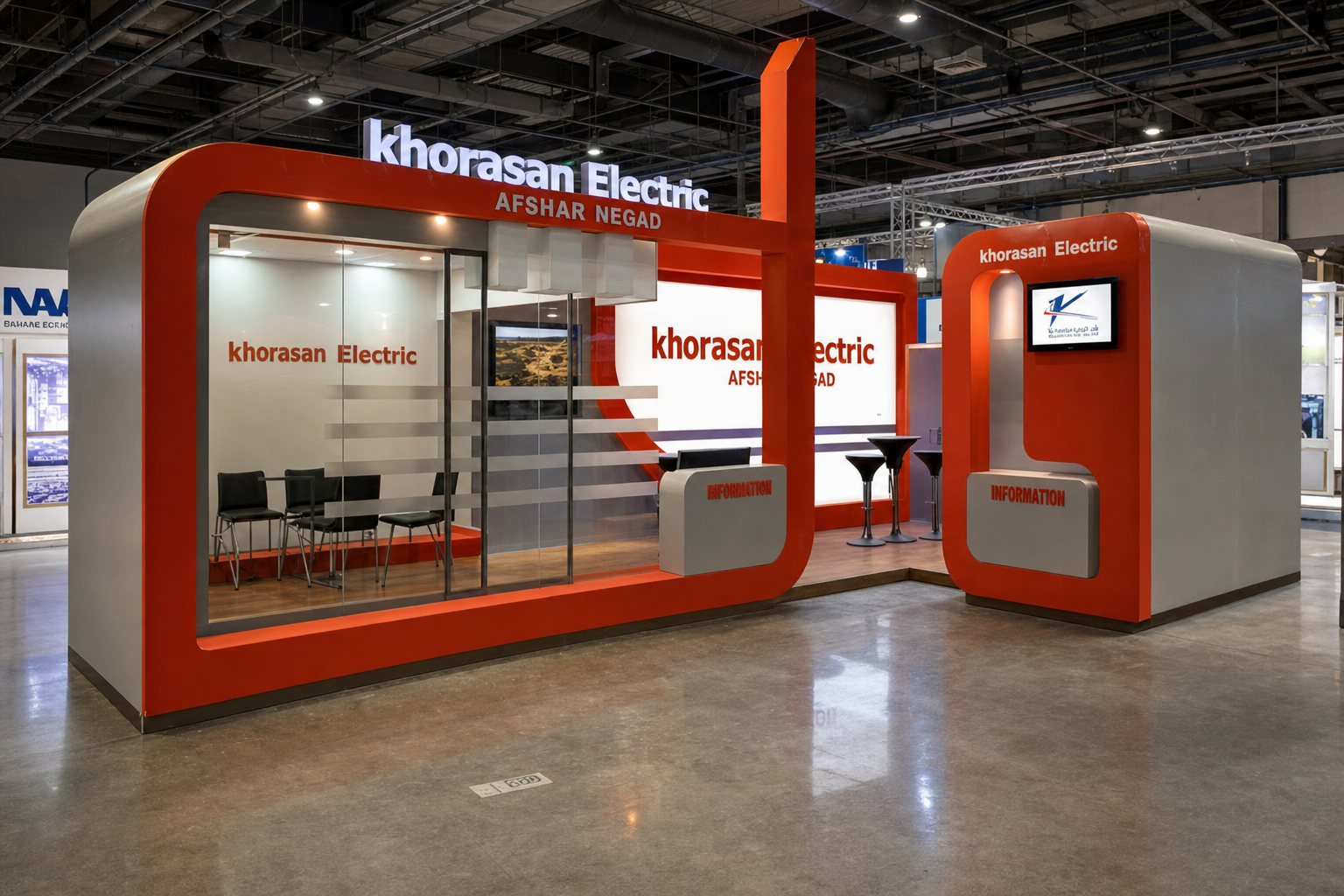 Khorasan Electric exhibition stand with red architectural framing, glass meeting space and illuminated branding.