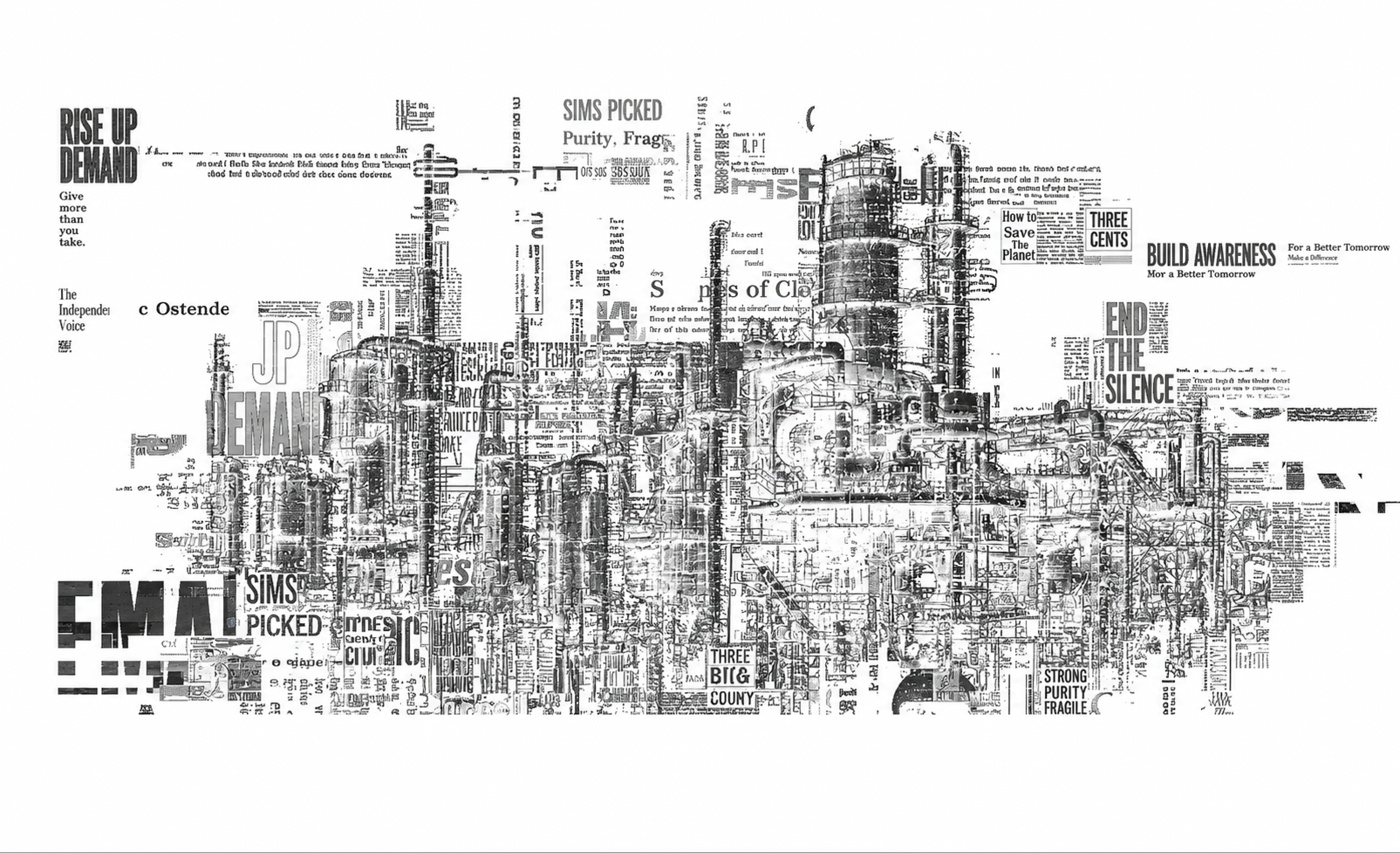 Typographic collage of an industrial oil refinery, constructed from layered newspaper text and graphic fragments in black and grey on a white background.