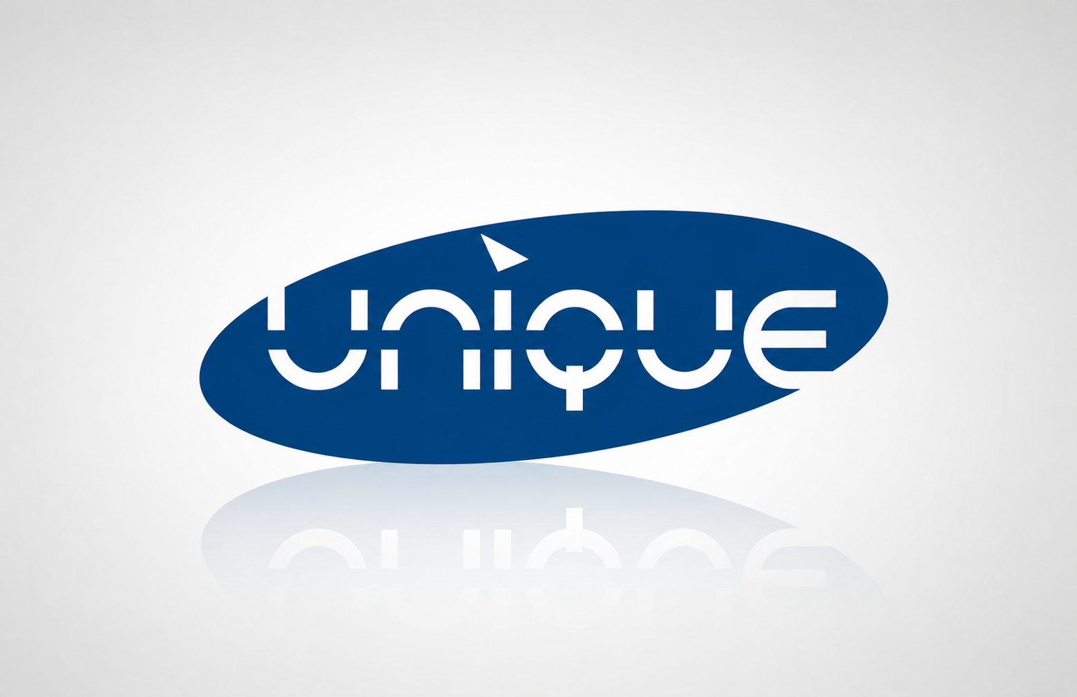 Unique Magazine logo for an English-language lifestyle magazine in Iran, featuring stylised white geometric lettering inside an elongated dark blue oval form, with a small white triangular accent above the wordmark.