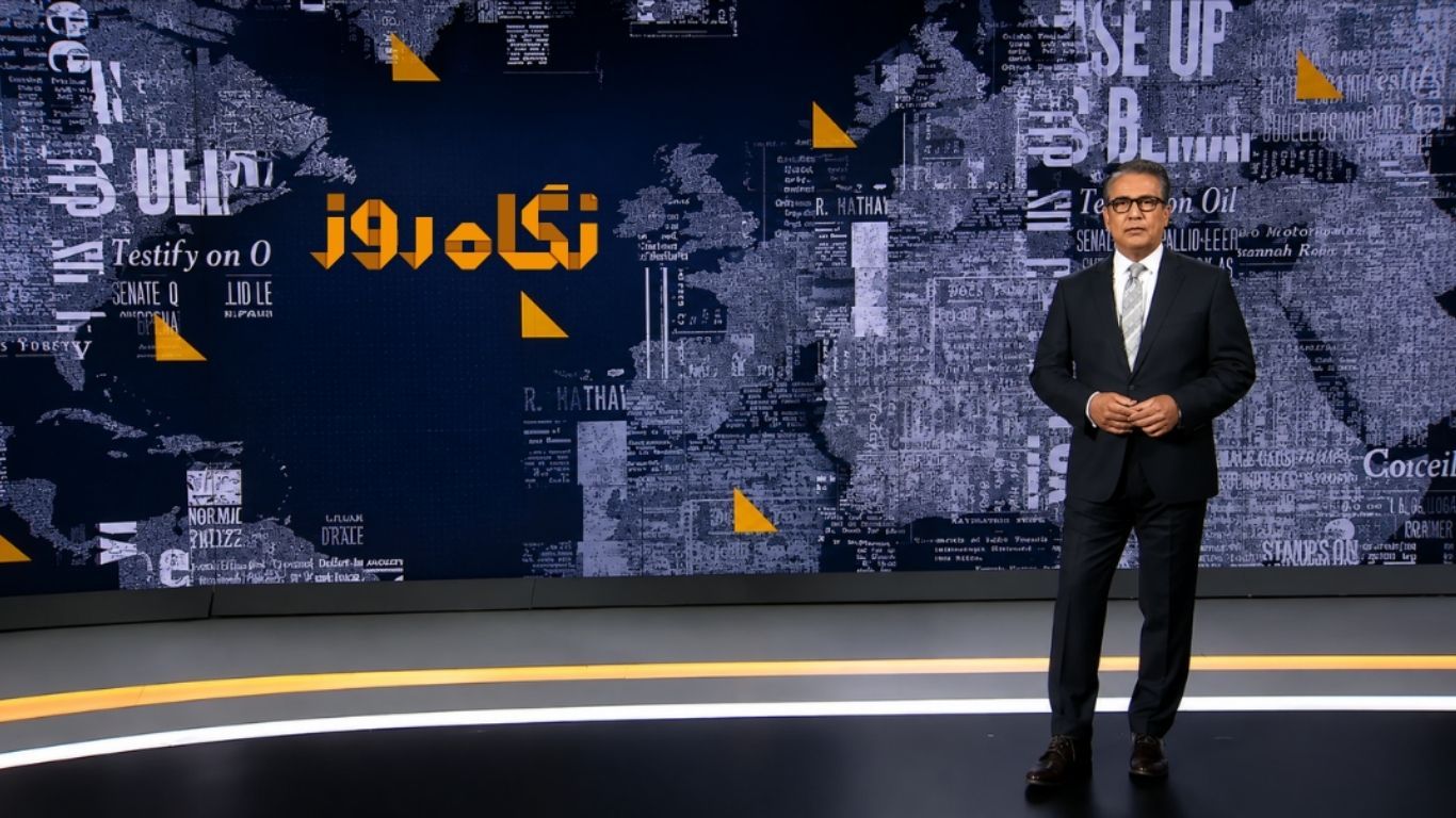 Television presenter standing in the Negahe Rooz studio in front of large-scale video walls displaying a world map constructed from layered typography and newspaper imagery.