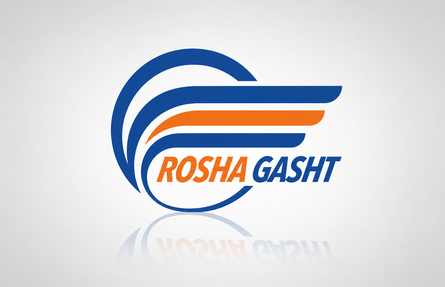 Rosha Gasht logo featuring a sweeping circular symbol formed from layered blue and orange curved bands, paired with an italic uppercase wordmark. “Rosha” appears in orange and “Gasht” in blue on a white background.