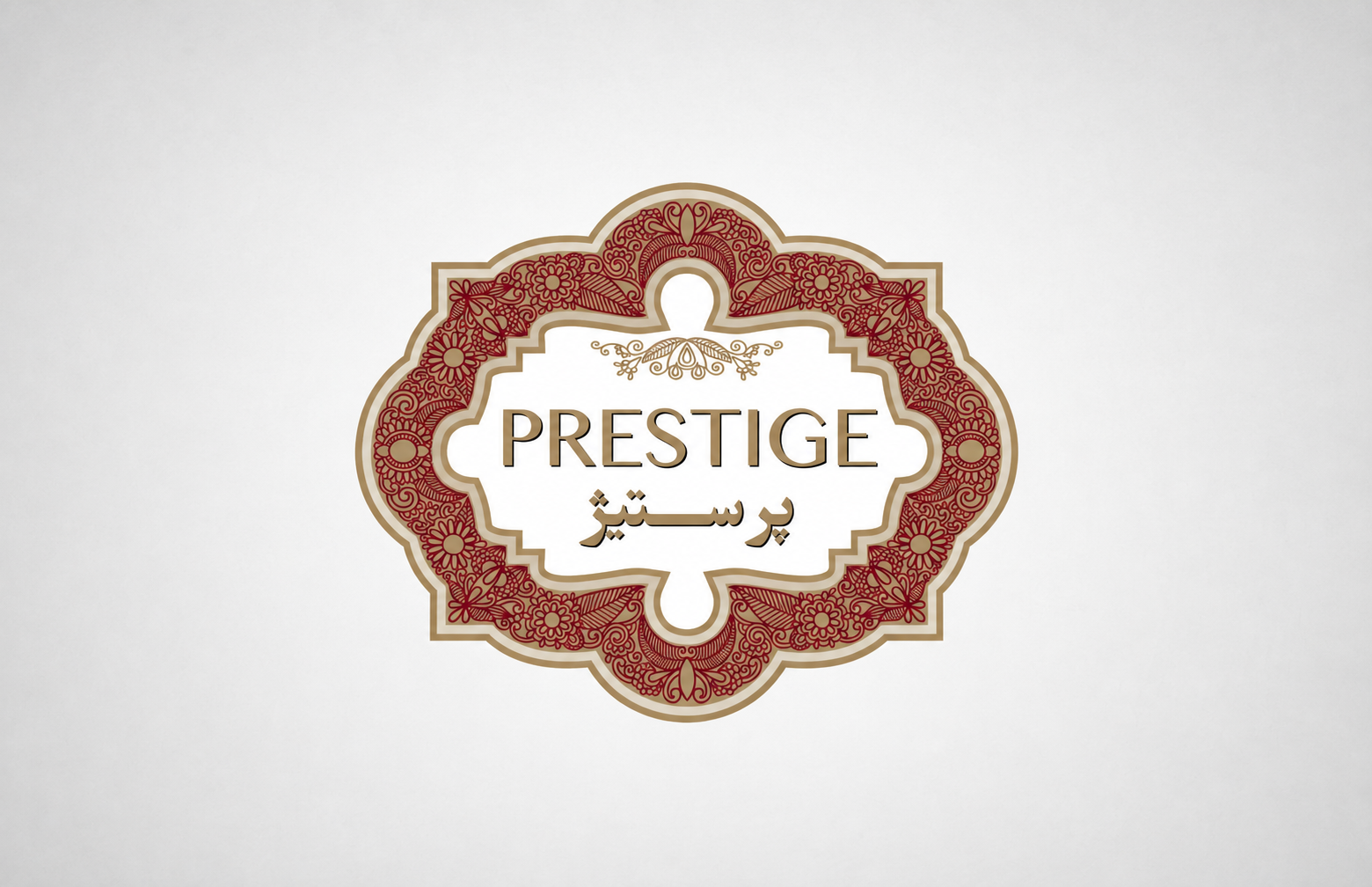 Bilingual Prestige logo featuring the name “PRESTIGE” with its Persian equivalent “پرستیژ” inside an ornate symmetrical frame. Intricate floral patterns in deep red are combined with warm gold detailing on a white background.