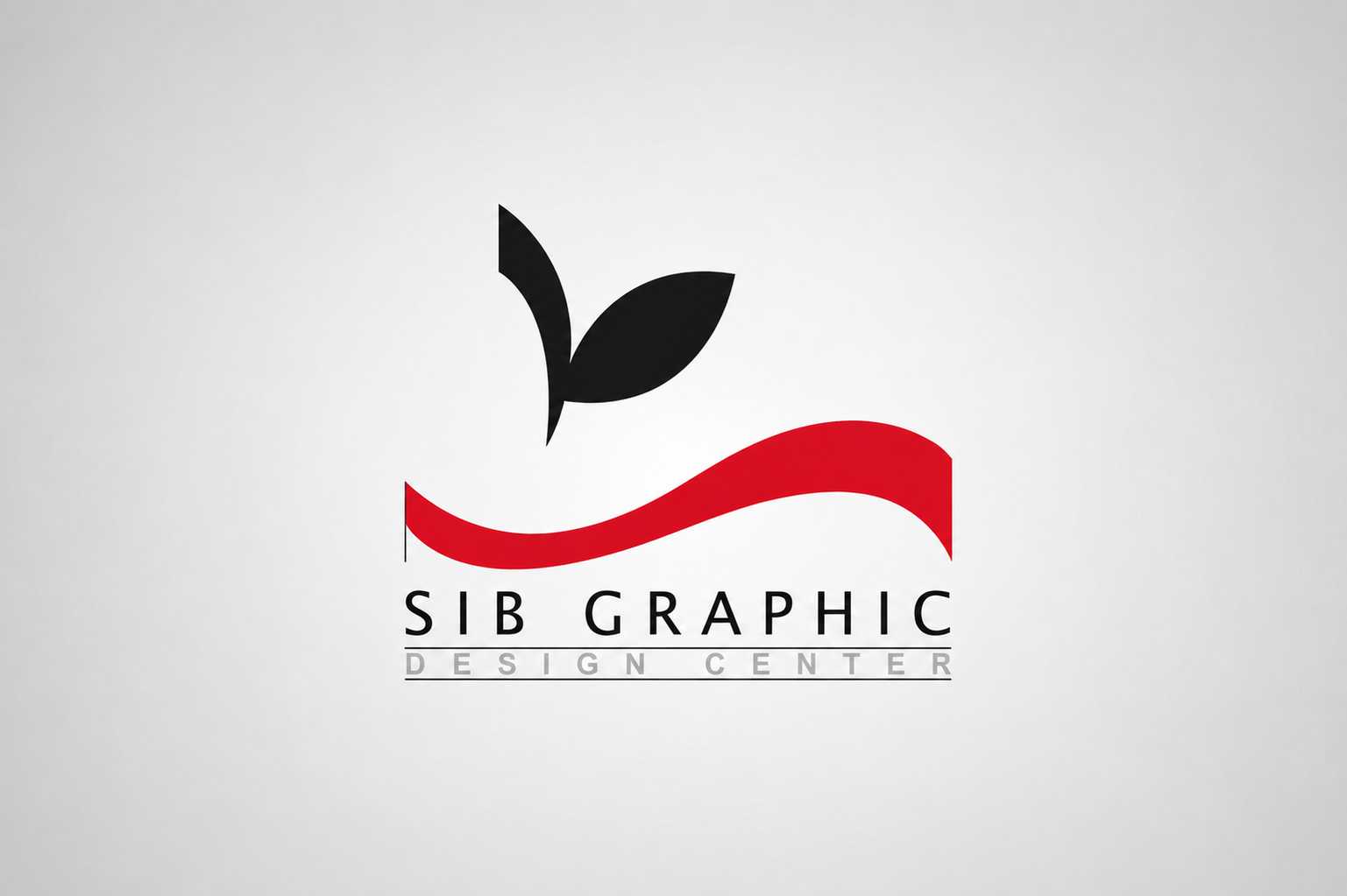 SIB Graphic Design Center logo featuring an abstract black leaf and stem form above a flowing red curve, with widely spaced black typography below.