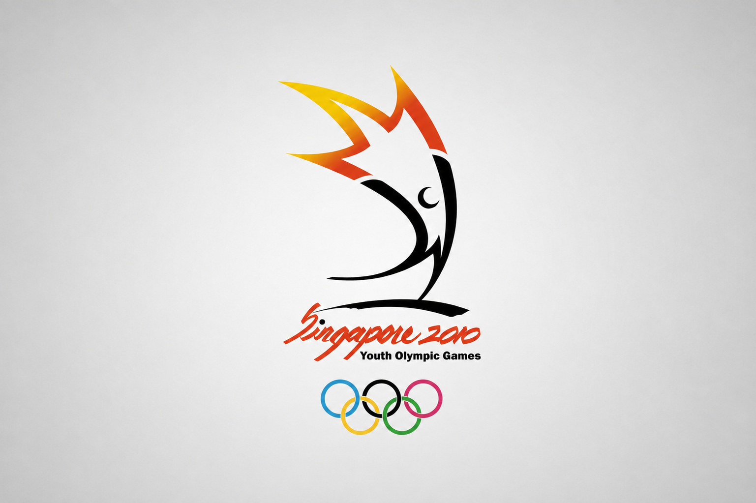 Logo concept for the Singapore 2010 Youth Olympic Games featuring an abstract black human figure reaching upward toward orange and yellow flame-like forms, accompanied by the event name and Olympic rings.