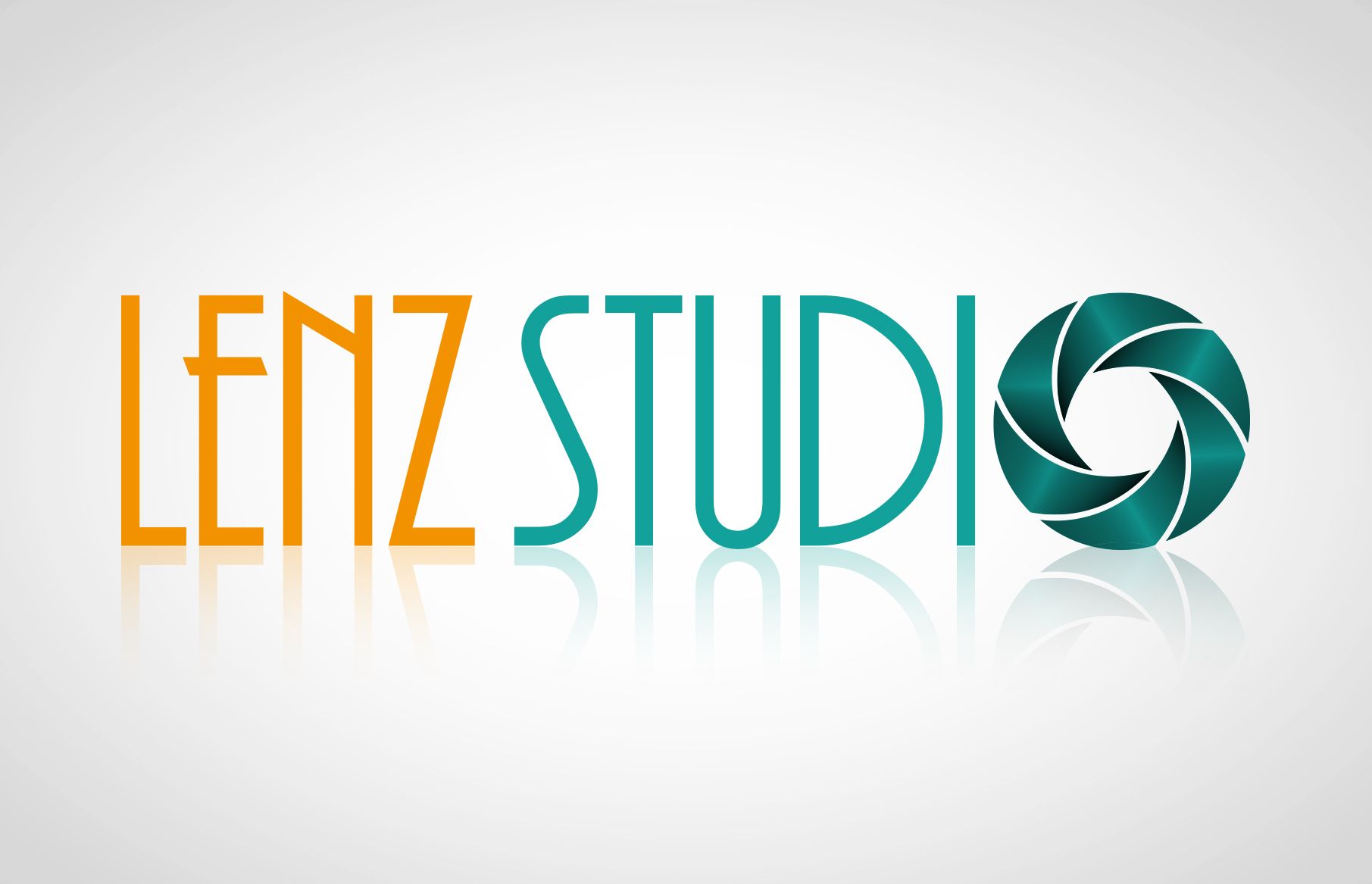 LENZ Studio photography logo featuring a tall geometric wordmark in orange and turquoise, with a dark turquoise camera-aperture symbol forming the final “O” of Studio, presented on a white background.