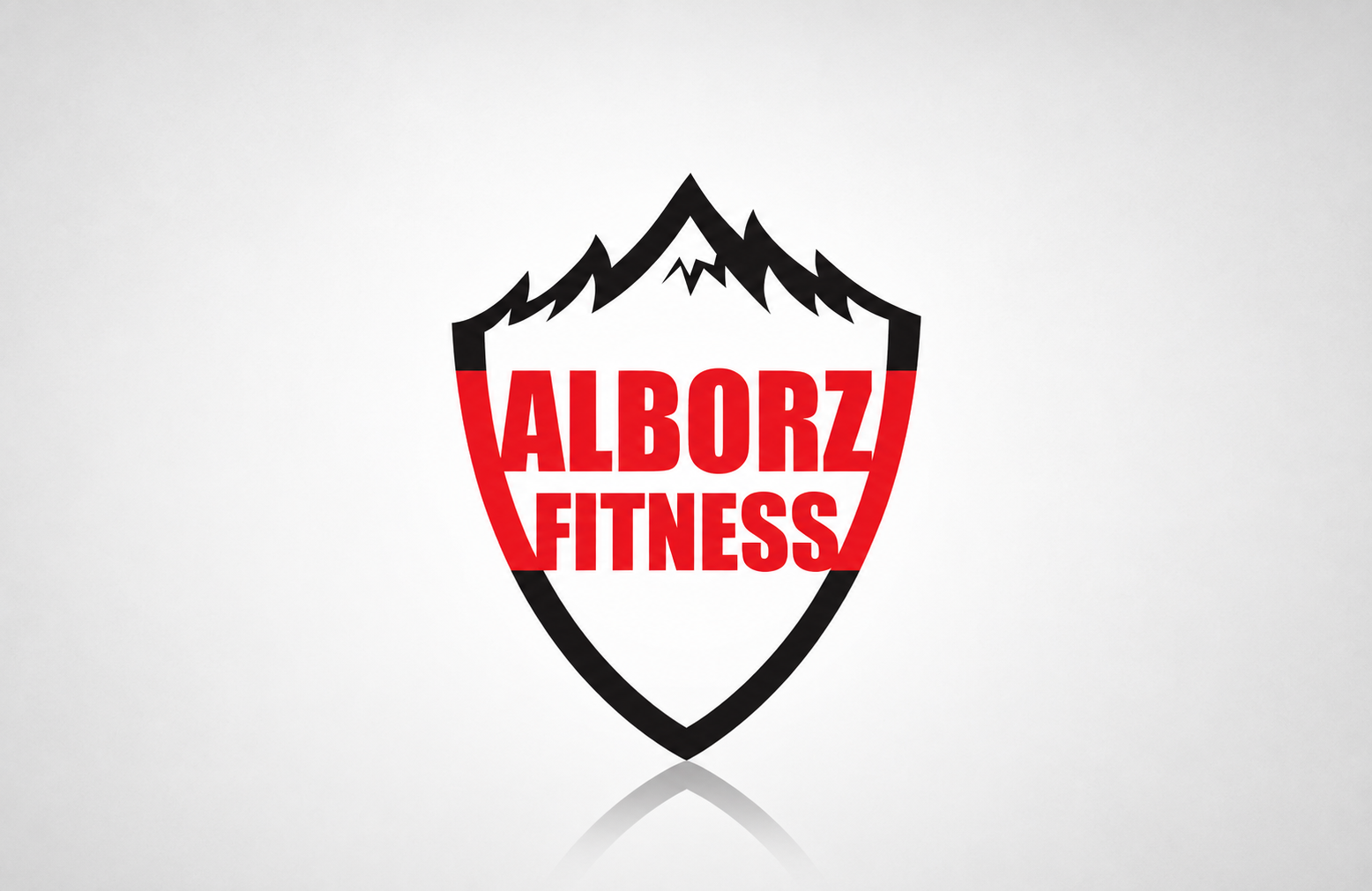 Alborz Fitness logo featuring a black shield outline topped by a stylised mountain range. Bold condensed red lettering spells “ALBORZ FITNESS” within the shield, using a strong red, black and white colour palette.