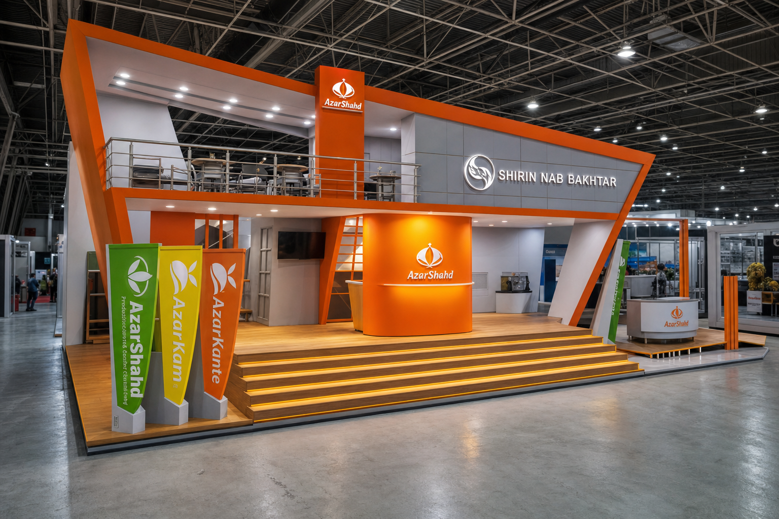 Angled view of the AzarShahd exhibition stand with orange structural framing, illuminated branding and product displays.