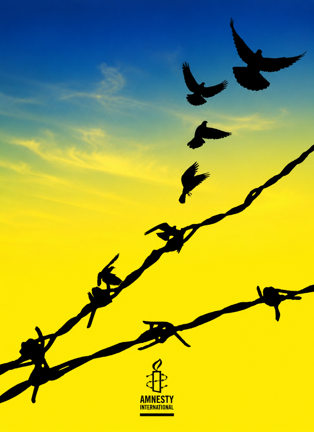 Human-rights poster showing black silhouettes of birds escaping from strands of barbed wire and flying into an open blue and yellow sky, using the transition from confinement to flight as a metaphor for freedom. The Amnesty International mark appears at the bottom.