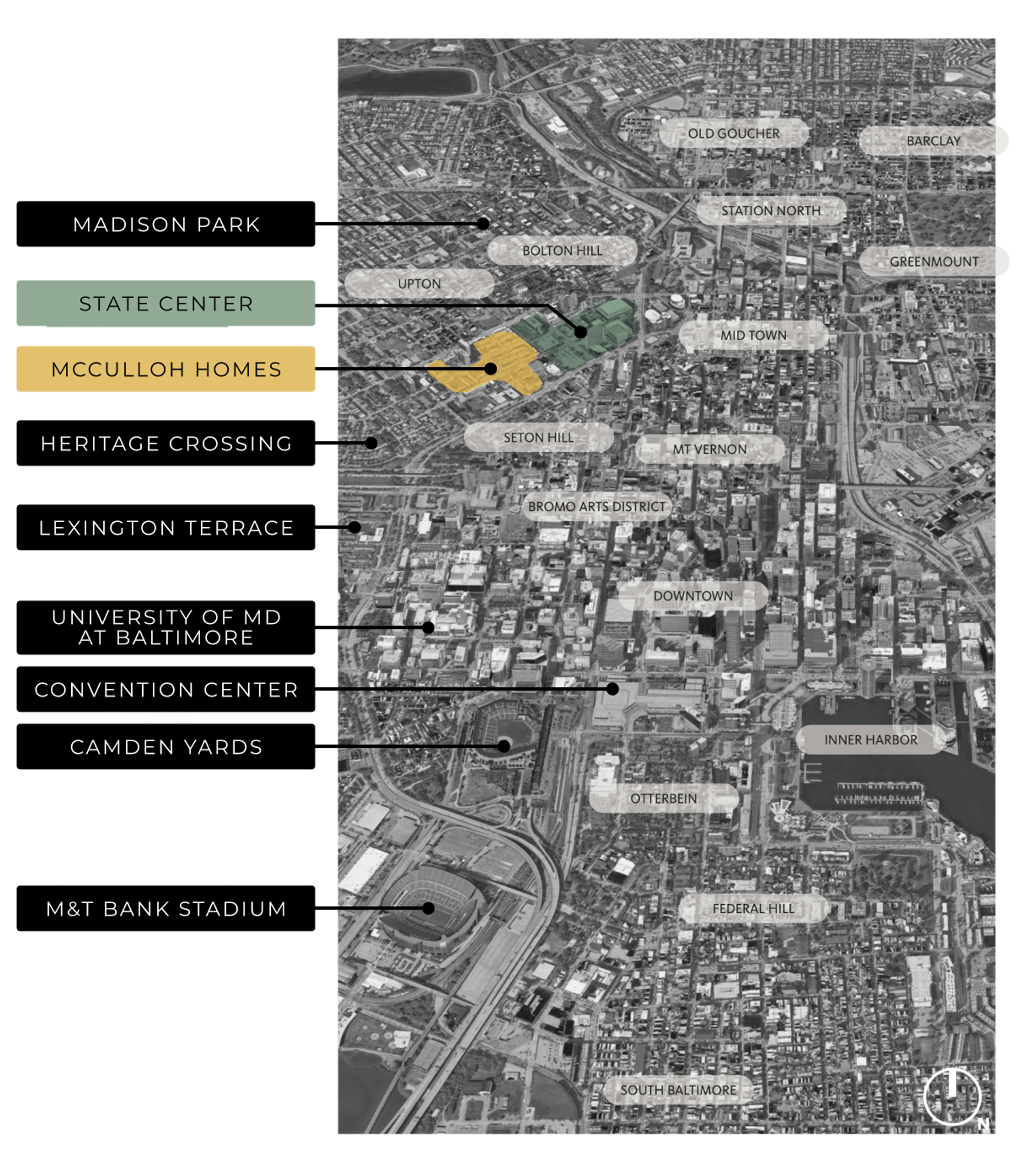 Aerial map image highlighting State Center buildings and other landmarks