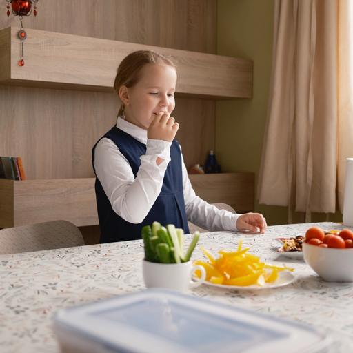 young girl standing at table with plates of different vegetables i