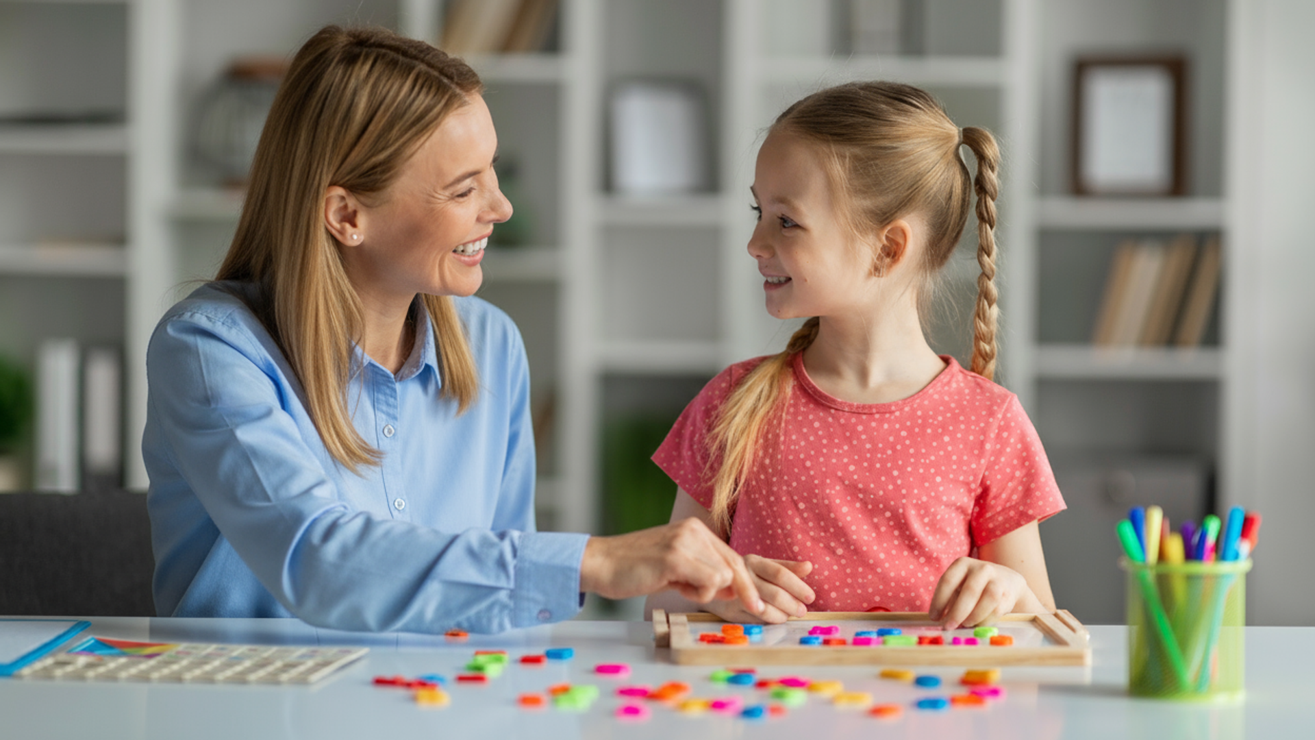 A woman and child smiling at each other while playing with coloured toy tiles