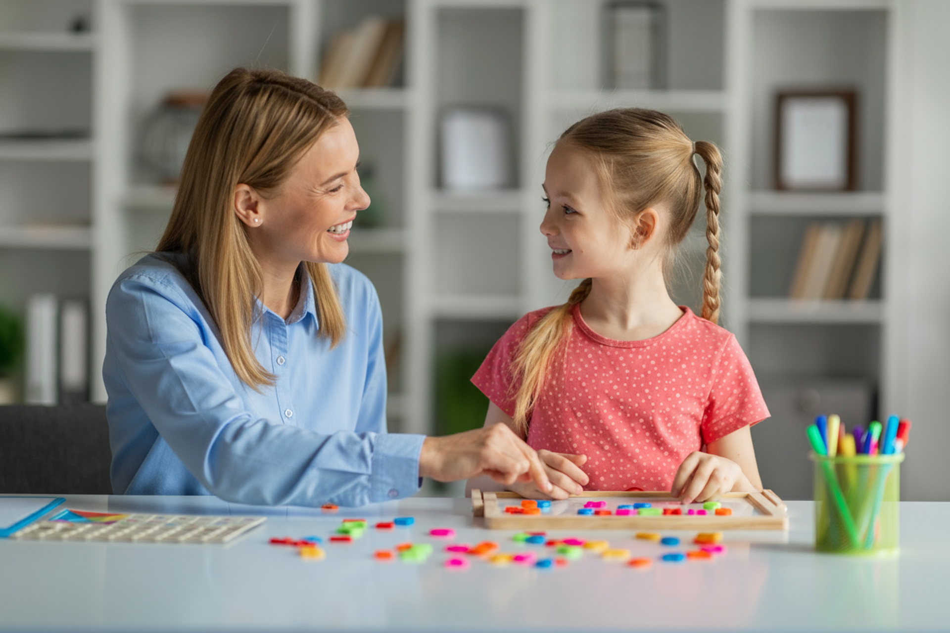 smiling woman and girl playing with coloured counters at a table.
